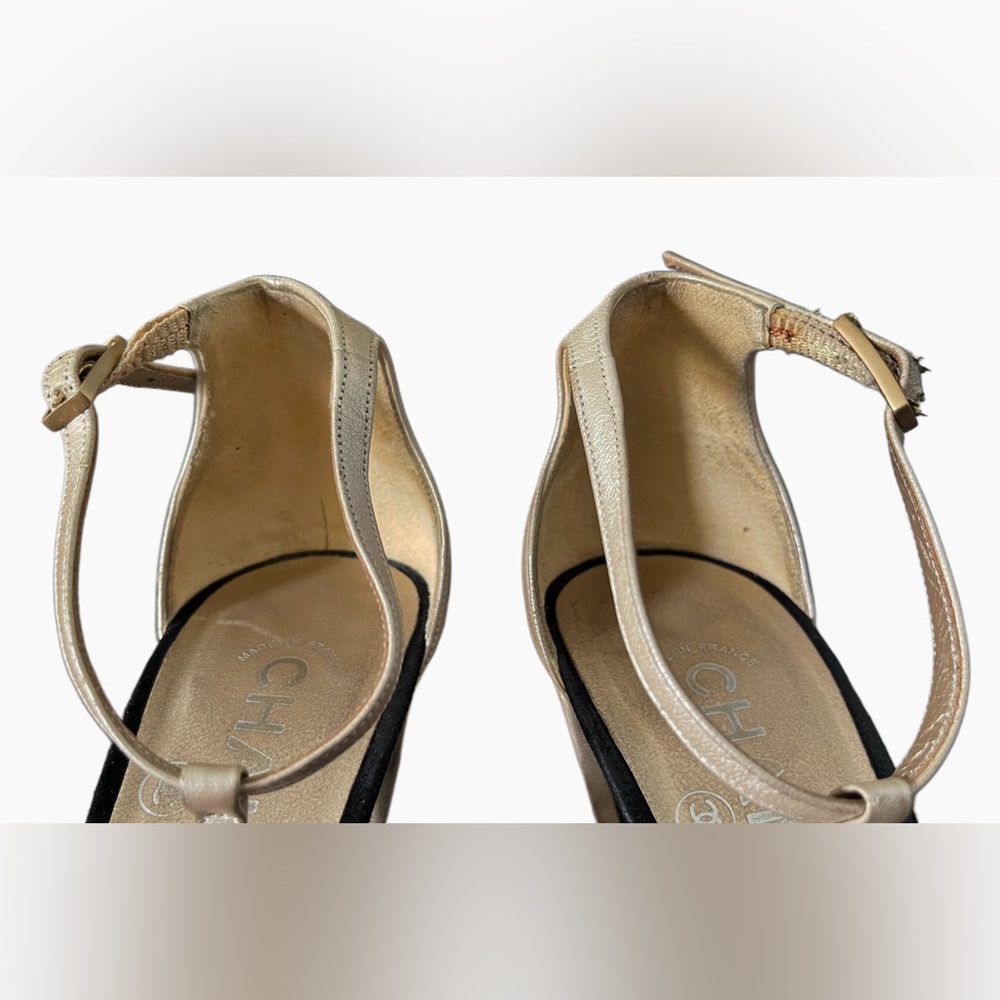❌SOLD❌Vintage Chanel Black/Beige Chain-link T-Strap Sandals Size EU 37 - Picture 11 of 16
